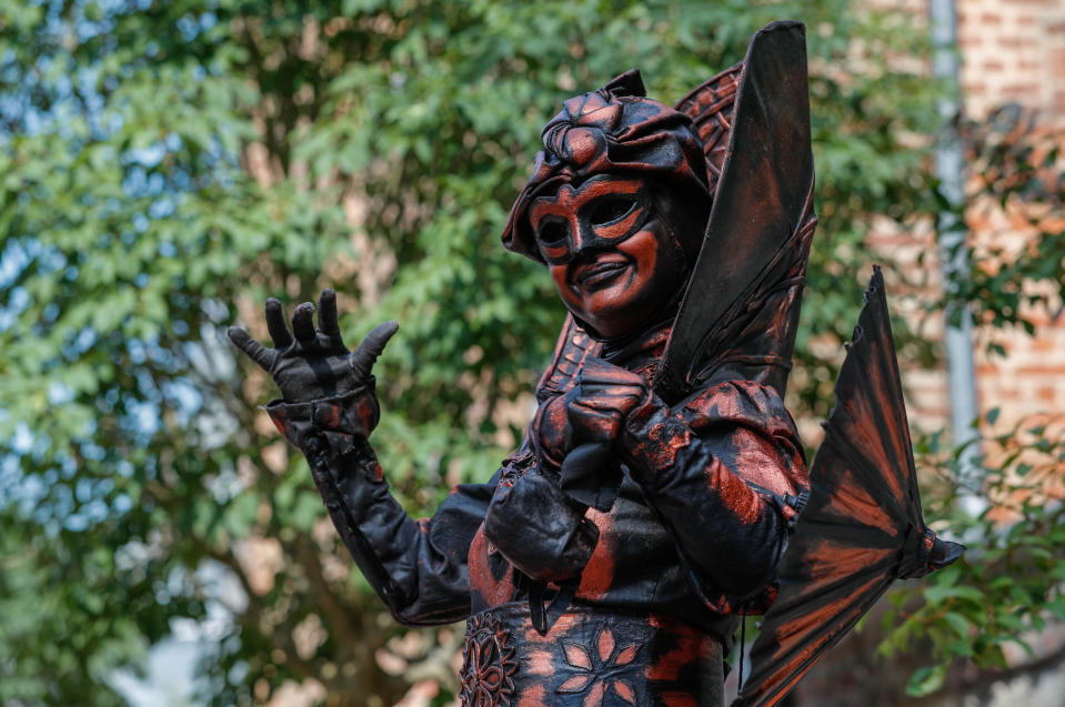 <p>An artist called “La Bohemienne” takes part in the festival “Statues en Marche” in Marche-en-Famenne, Belgium, July 22, 2018. (Photo: Yves Herman/Reuters) </p>