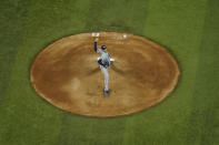 Tampa Bay Rays starting pitcher Blake Snell throws against the Los Angeles Dodgers during the first inning in Game 2 of the baseball World Series Wednesday, Oct. 21, 2020, in Arlington, Texas. (AP Photo/David J. Phillip)