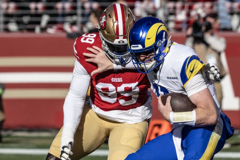 Former Los Angeles Rams quarterback Carson Wentz (R) appeared in two games last season. File Photo by Terry Schmitt/UPI