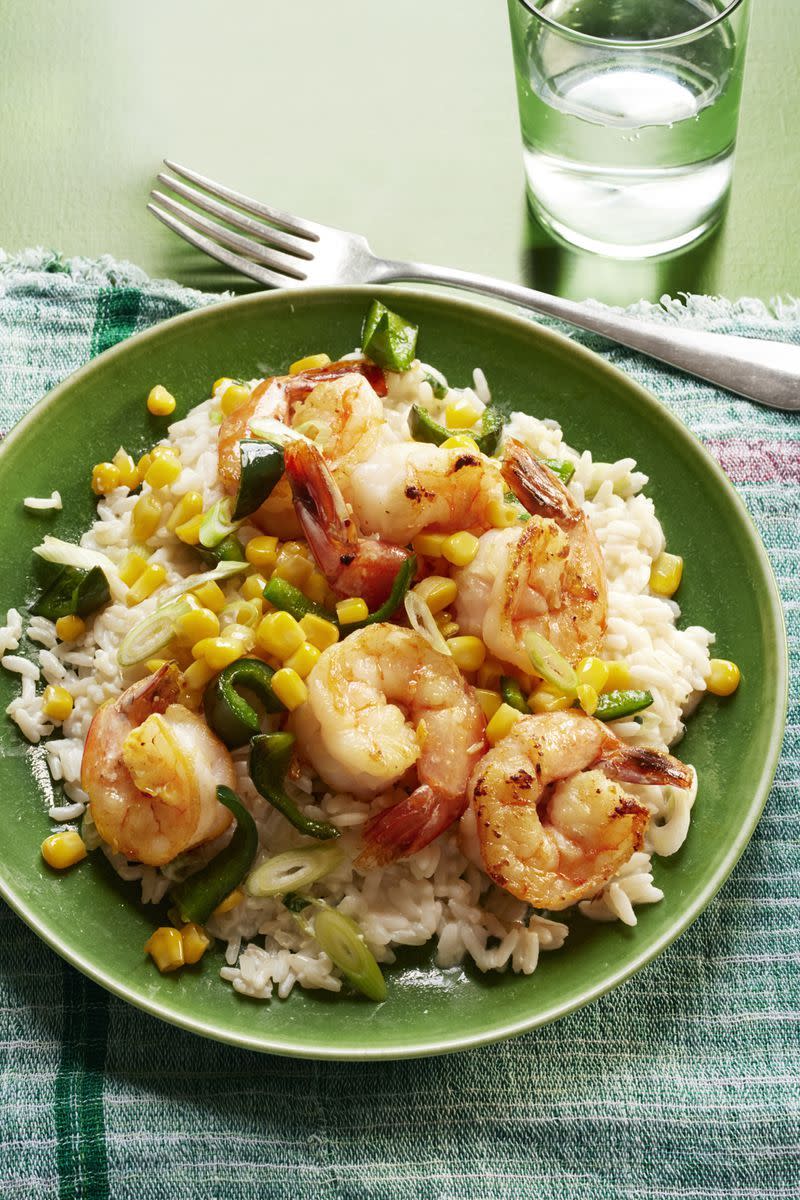 Sautéed Shrimp, Poblanos, and Corn with Creamy Rice