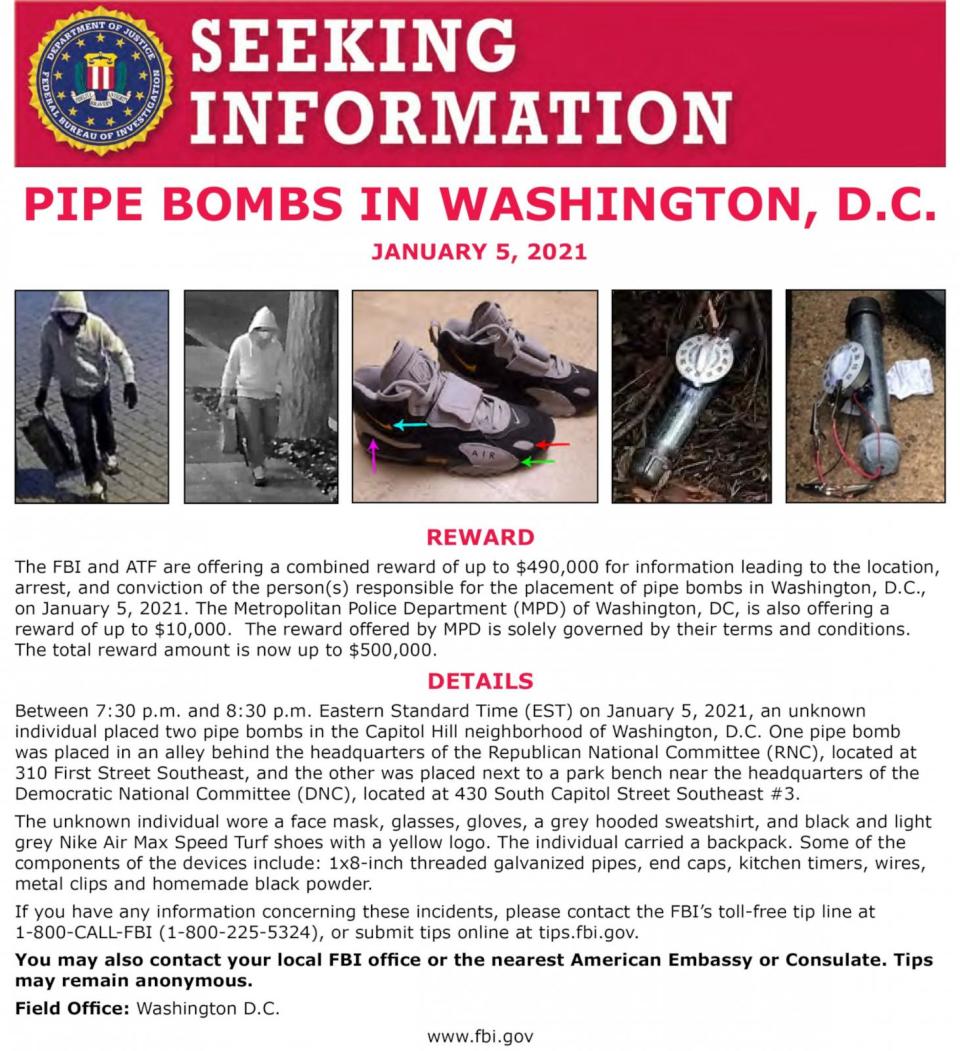PHOTO: The FBI released this poster seeking information for those responsible for the placement of pipe bombs in Washington, D.C., Jan. 5, 2021.  (FBI)