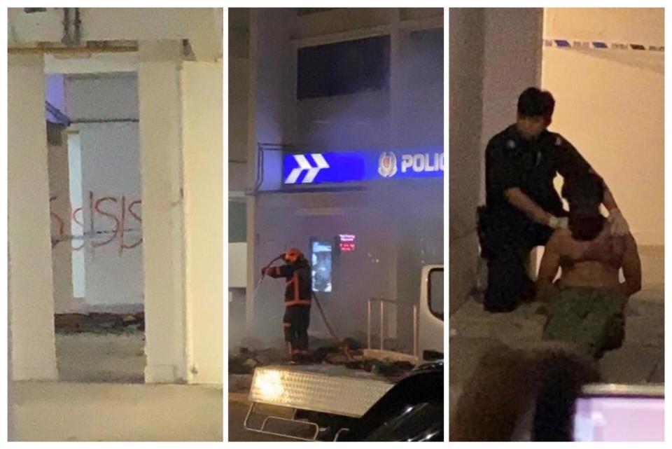 Man seen detained near Kallang Neighbour Police Post on 13 March, 2020. (Photos courtesy of Jerome Simon)