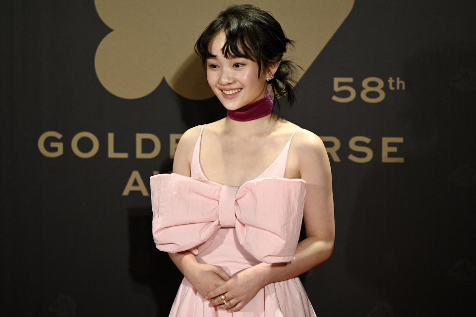 Taiwanese actress Caitlin Fang arrives at the 58th Golden Horse Film Awards in Taipei on November 27, 2021. / AFP / Sam Yeh