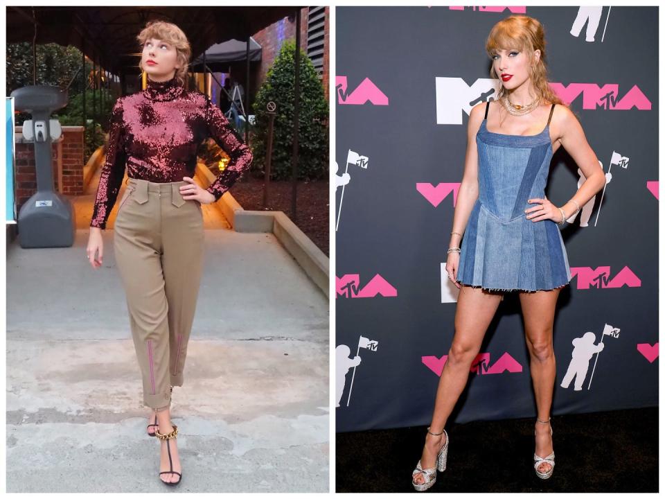 Left: Taylor Swift in a sequined red turtleneck and khaki slacks. Right: Taylor Swift in a patchwork denim dress.