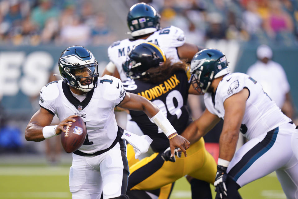 Philadelphia Eagles quarterback Jalen Hurts looks to pass during a preseason NFL football game against the Pittsburgh Steelers Thursday, Aug. 12, 2021, in Philadelphia. (AP Photo/Chris Szagola)