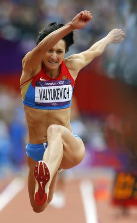 Russia's Victoria Valyukevich competes during her women's triple jump qualification at the London 2012 Olympic Games in the Olympic Stadium August 3, 2012. REUTERS/Phil Noble