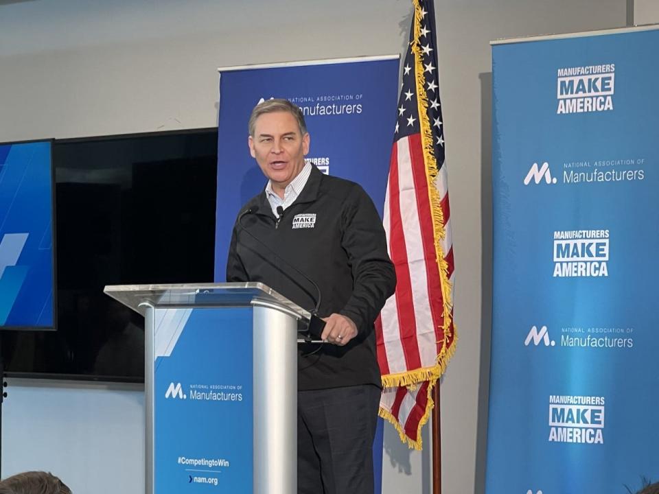 National Association of Manufacturers President and CEO Jay Timmons gives "state of manufacturing" speech at Husco International, in Pewaukee on Tuesday. Timmons outlined several issues the organization is asking Congress to address.