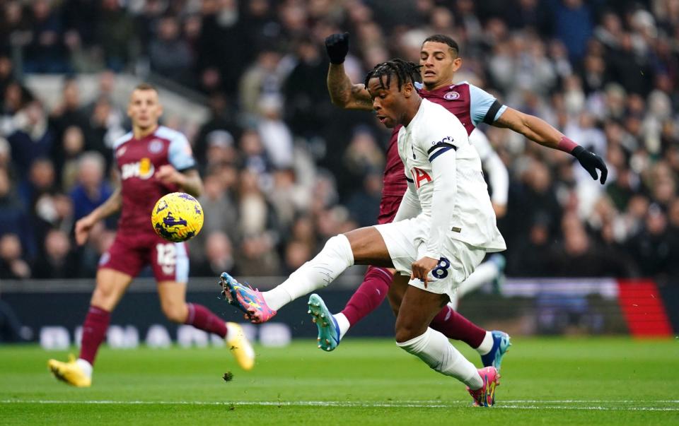 Tottenham Hotspur's Destiny Udogie shoots over the bar during the Premier League match at Tottenham Hotspur Stadium