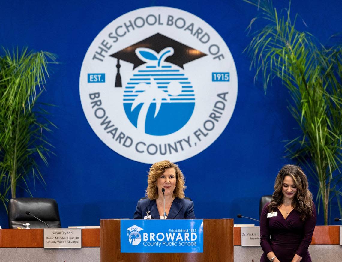 Broward Superintendent Vickie Cartwright. The Broward School Board, with four newly elected members plus the five current members ,will decide her fate after the board gave her 90 days to improve in October.