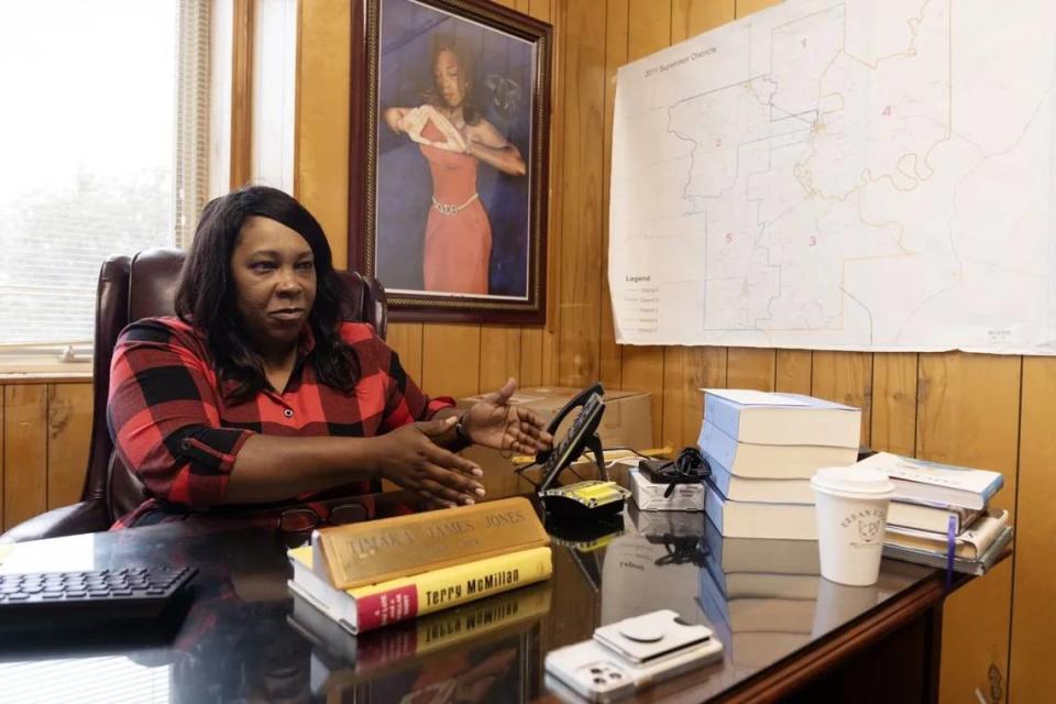 Timaka James-Jones, member-elect of the Mississippi House of Representatives for District 51, talks about the lack of medical care in Belzoni while in her office at the Humphreys County Courthouse in Belzoni on Nov. 17, 2023.