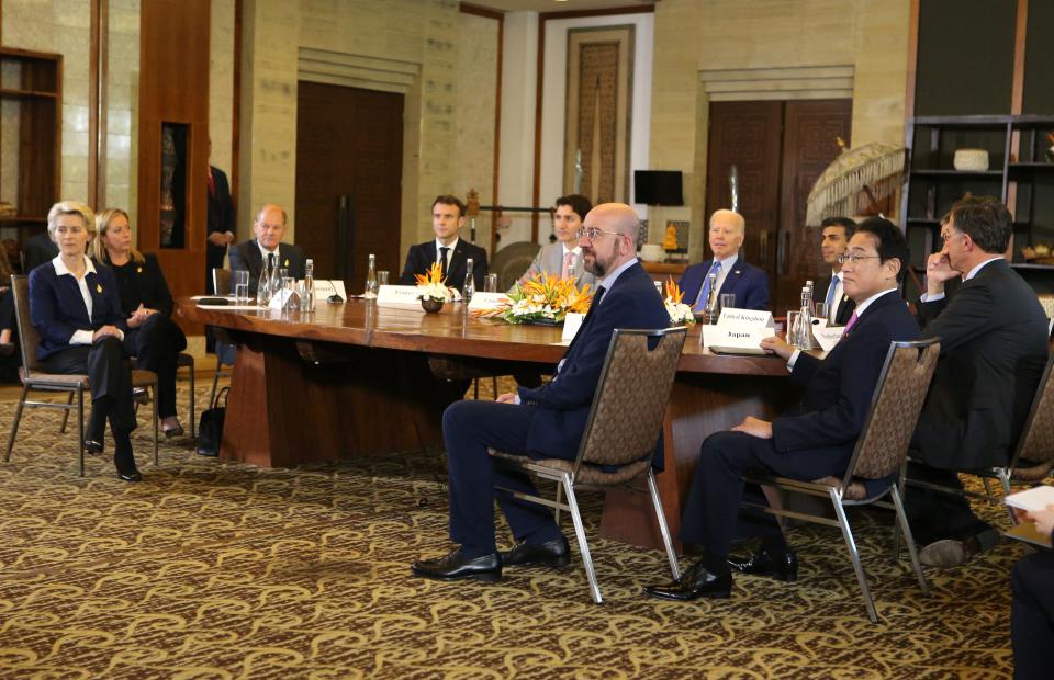 (L-R) President of the European Commission Ursula von der Leyen, Italian Prime Minister Giorgia Meloni, German Chancellor Olaf Scholz, French President Emmanuel Macron, Canadian Prime Minister Justin Trudeau, US President Joe Biden, British Prime Minister Rishi Sunak, Spanish Prime Minister Pedro Sanchez, Japan Japanese Prime Minister Fumio Kishida and European Council President Charles Michel attend an 