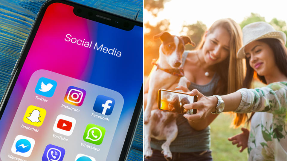 Social media icons on a mobile phone (left) and two women taking a photo with a dog (right).