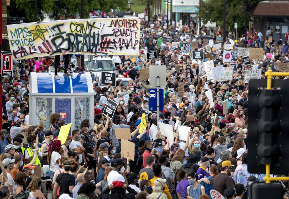 Protesters gather calling for justice for George Floyd on May 26, 2020, in Minneapolis. (Carlos Gonzalez/Star Tribune via AP, file)