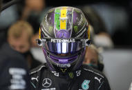 Mercedes' Lewis Hamilton prepares for a second practice session at the Interlagos racetrack in Sao Paulo, Brazil, Saturday, Nov. 13, 2021. The Brazilian Formula One Grand Prix will take place on Sunday. (AP Photo/Andre Penner)