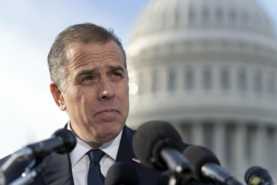 Hunter Biden, son of President Joe Biden, talks to reporters at the U.S. Capitol, in Washington, Wednesday, Dec. 13, 2023. Hunter Biden lashed out at Republican investigators who have been digging into his business dealings, insisting outside the Capitol he will only testify before a congressional committee in public. (AP Photo/Jose Luis Magana)