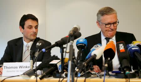 Chief Pilot of Germanwings Stefan Kenan Scheib (L) and Thomas Winkelmann Director of Germanwings hold a news conference at Cologne Bonn airport March 24, 2015. REUTERS/Wolfgang Rattay