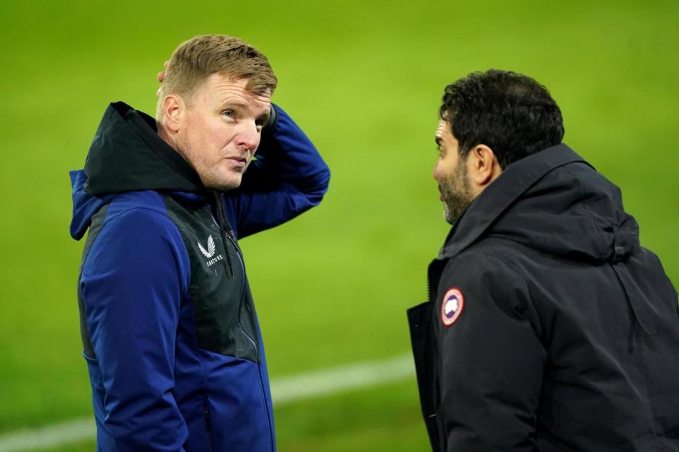 Eddie Howe chats with Newcastle United director Mehrdad Ghodoussi i(Image: PA)/i