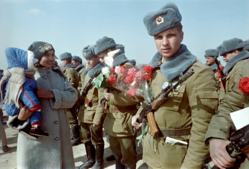 Soviet soldiers welcomed in Uzbekistan on February 15, 1989 after the Red Army retreat from Afghanistan