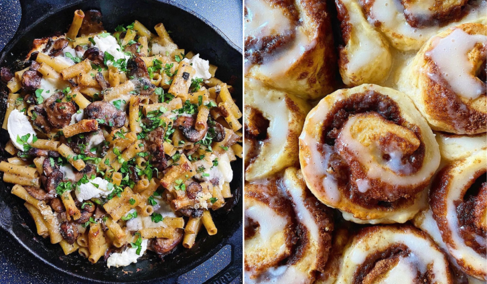 author photos of baked pasta and cinnamon rolls made in the cast iron skillet