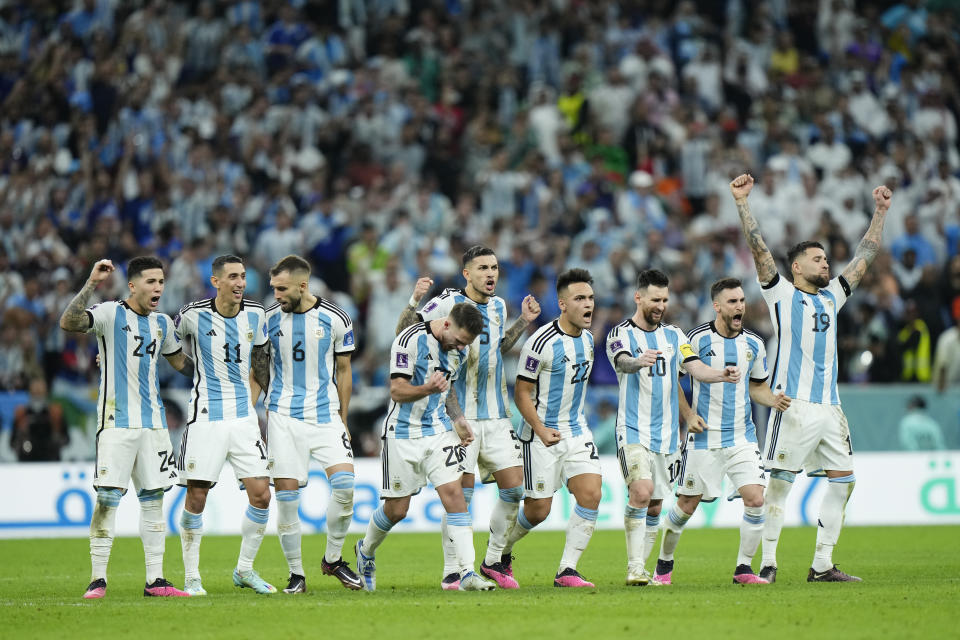 Argentina players celebrate victory after the FIFA World Cup Qatar 2022 quarter final match between Netherlands and Argentina at Lusail Stadium on December 9, 2022 in Lusail City, Qatar. (Photo by Jose Breton/Pics Action/NurPhoto via Getty Images)
