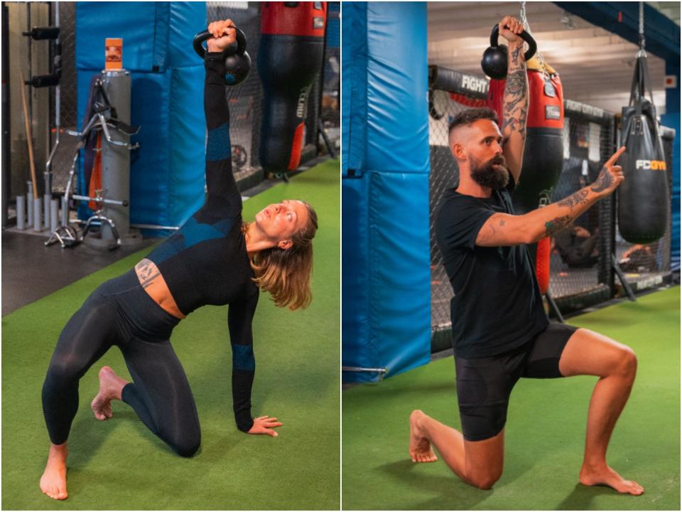 Steph and Jay Rose performing Turkish get-ups with kettlebells.