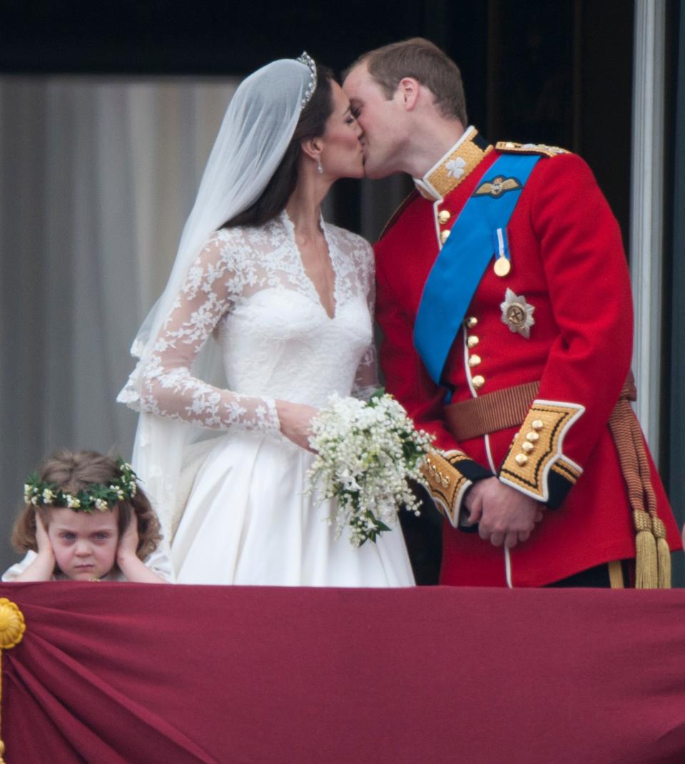 LONDON, UNITED KINGDOM - JANUARY 13:  TRH Catherine, Duchess of Cambridge and Prince William, Duke of Cambridge on the balcony at Buckingham Palace with Bridesmaid Grace Van Cutsem, following their wedding at Westminster Abbey on April 29, 2011 in London, England.     (Photo by Mark Cuthbert/UK Press via Getty Images)