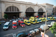 <p>Emergency vehicles are parked outfront of the Estacio de Franca (Franca station) in central Barcelona on July 28, 2017 after a regional train appears to have hit the end of the track inside the station injuring dozens of people. (Photo: Josep Lagos/AFP/Getty Images) </p>