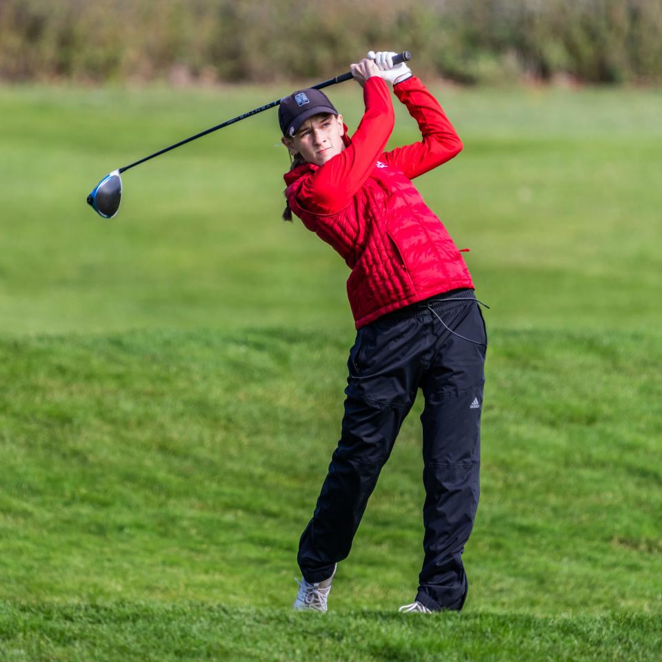 Divine Savior Holy Angels' Ava Roesch drives off tee No. 1 during day two of the the 2023 WIAA state girls golf tournament at University Ridge in Madison on Tuesday, October 10.