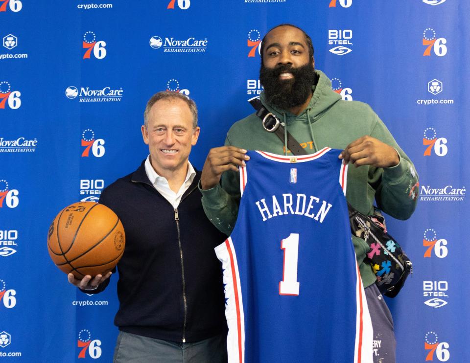 Josh Harris celebrates signing James Harden with the Philadelphia 76ers, one of two professional sports teams Harris already owns.