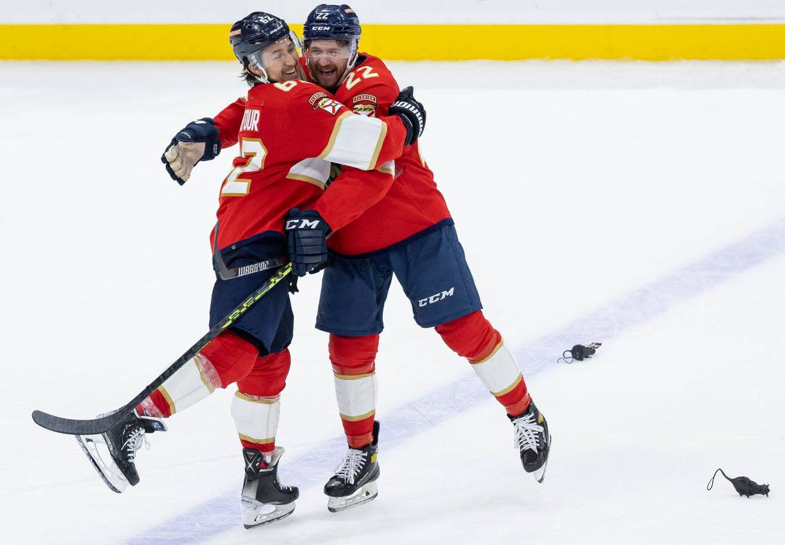 Florida Panthers defenseman Brandon Montour (62) and center Zac Dalpe (22) celebrate after defeating the Boston Bruins in the third period of Game 6 of a first round NHL Stanley Cup series at the FLA Live Arena on Friday, April 28, 2023 in Sunrise, Fla. MATIAS J. OCNER/mocner@miamiherald.com