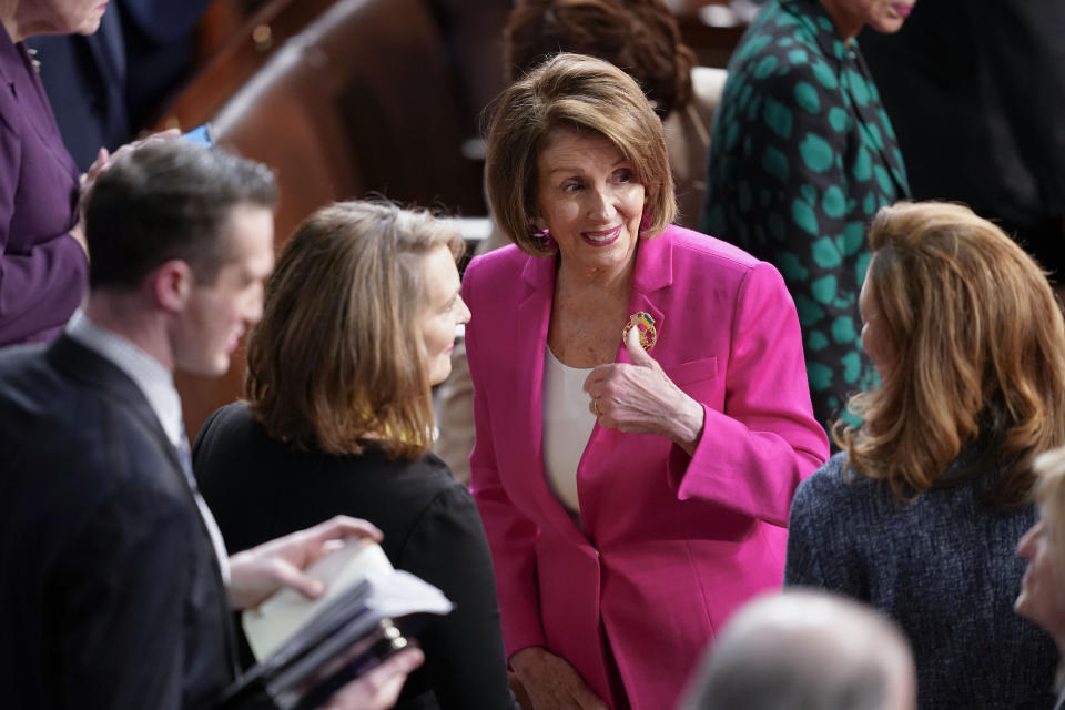 Rep. Nancy Pelosi, D-Calif., arrives for President Joe Biden's State of the Union address to a joint session of Congress at the U.S. Capitol, Tuesday, Feb. 7, 2023, in Washington. (AP Photo/Patrick Semansky)