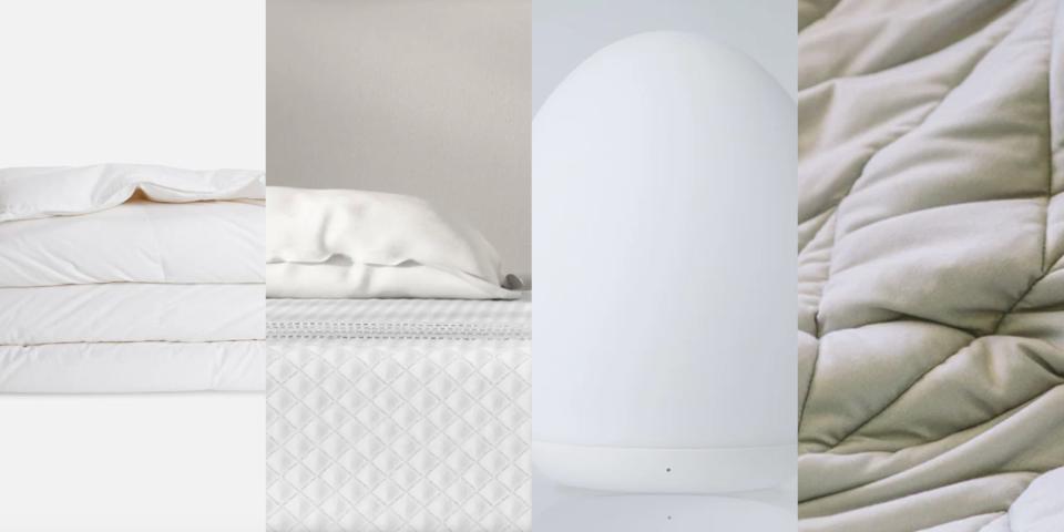 A collection of deals from Sleep Week (from left to right): a Brooklinen down comforter, a Leesa mattress, a VAVA baby night light, and a Nest Bedding weighted blanket.