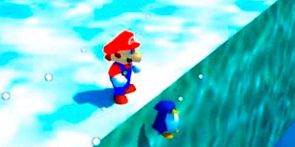 La escena con pingüinos de la película de Mario es recreada con gráficos del N64