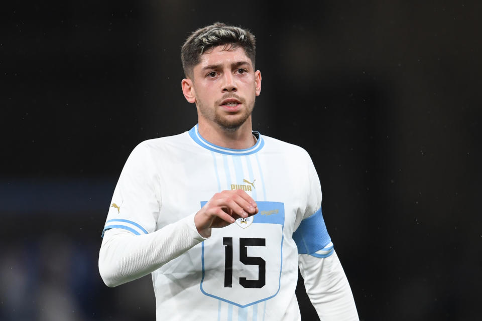 TOKYO, JAPAN - MARCH 24: Federico Valverde of Uruguay looks on during the international friendly match between Japan and Uruguay at the National Stadium on March 24, 2023 in Tokyo, Japan. (Photo by Masashi Hara/Getty Images)