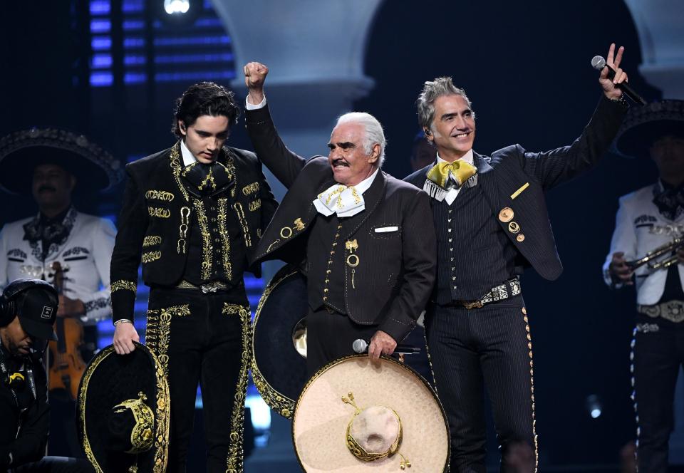 Alex Fernández, Vicente Fernández and Alejandro Fernández perform onstage during the 20th annual Latin GRAMMY Awards at MGM Grand Garden Arena on November 14, 2019 in Las Vegas, Nevada.