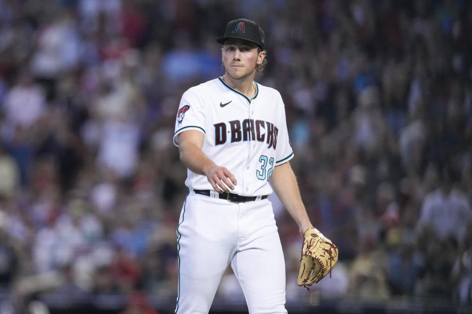 Arizona Diamondbacks starting pitcher Brandon Pfaadt reacts after the end of the top of the fourth inning against the Philadelphia Phillies in Game 3 of the baseball NL Championship Series in Phoenix, Thursday, Oct. 19, 2023. (AP Photo/Ross D. Franklin)