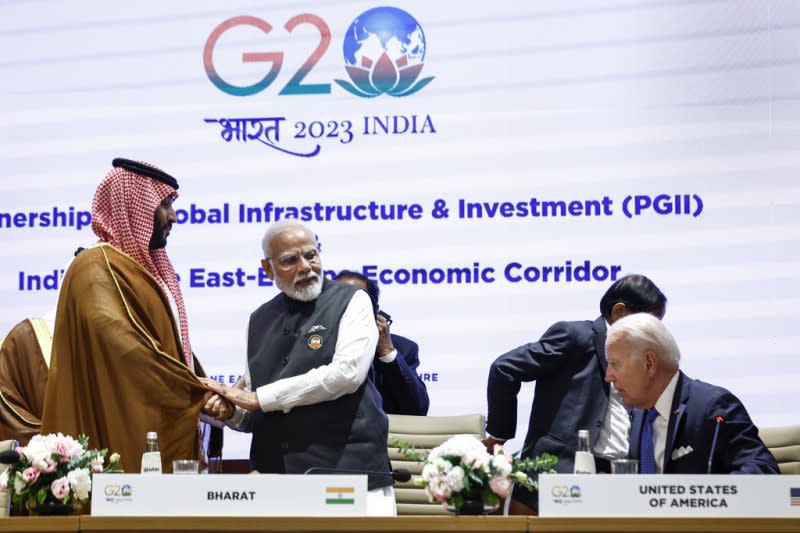 <cite>2023年9月9日，全球基礎設施和投資伙伴關係及印度-中東-歐洲經濟走廊活動在新德里舉行。（美聯社）</cite>
