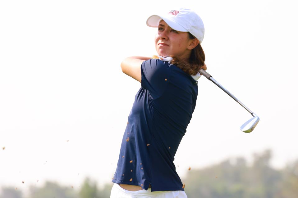 Anna Davis of the United States of America at the 15th tee during practice round of the Women’s World Amateur Team Championship at Abu Dhabi Golf Club, United Arab Emirates on Monday, Oct. 23, 2023 (Copyright USGA/Steven Gibbons)