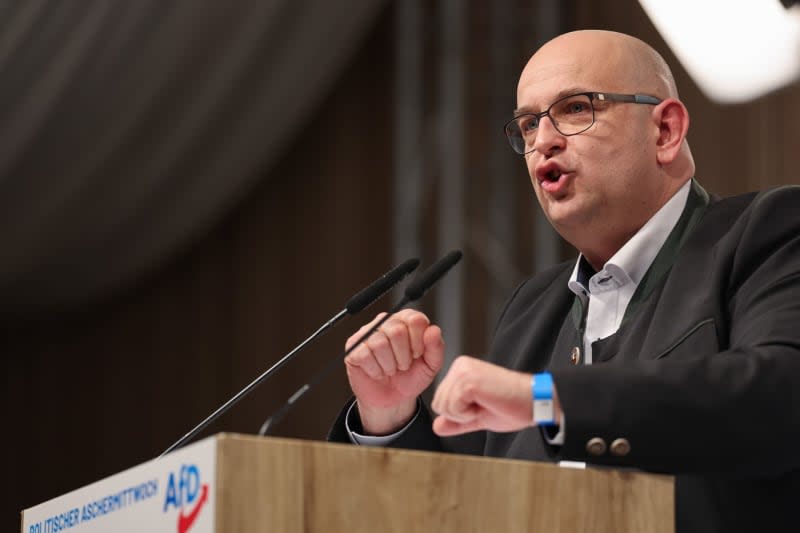 Stephan Protschka, state chairman of the AfD in Bavaria, speaks at the AfD's Political Ash Wednesday. Protschka will likely stand trial for insulting Bavaria's conservative state premier, Markus Soeder, during a speech last year. Daniel Löb/dpa
