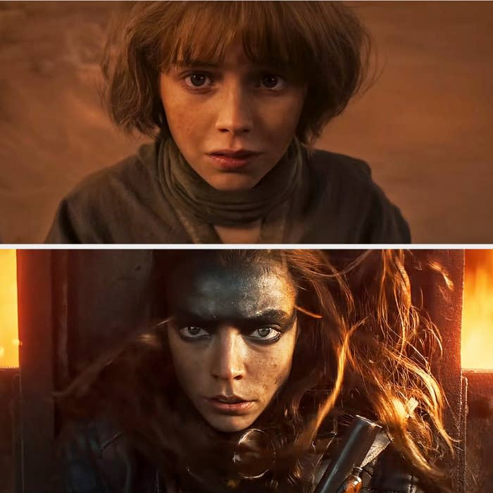 Top: Alyla Browne in disheveled attire. Bottom: Anya Taylor-Joy as a fierce warrior with face paint and a determined look