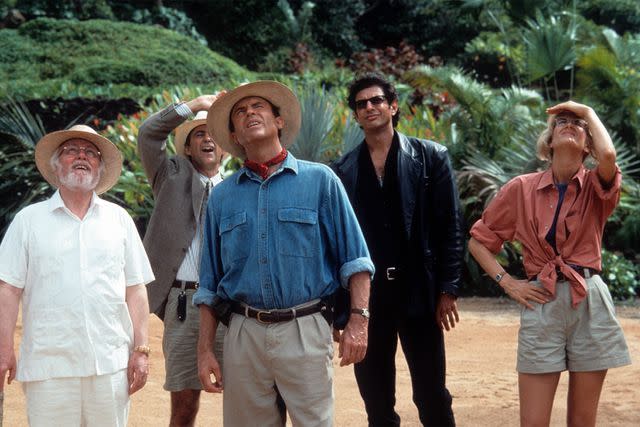 <p>Universal/Getty</p> From Left: Richard Attenborough, Martin Ferrero, Sam Neill, Jeff Goldblum and Laura Dern in 1993's Jurassic Park