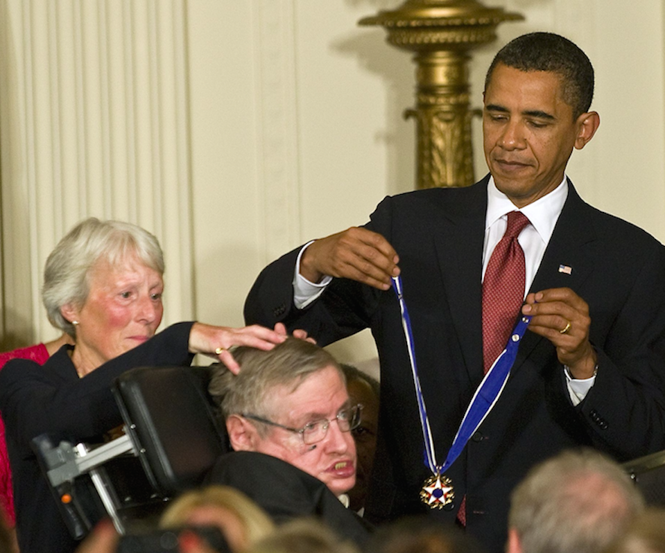 Then US president Barack Obama presents the highest American award, the Medal of Freedom to Professor Hawking in 2009 (Picture: Rex)
