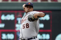 Detroit Tigers pitcher Wily Peralta throws against the Minnesota Twins in the first inning of a baseball game, Wednesday, July 28, 2021, in Minneapolis. (AP Photo/Jim Mone)