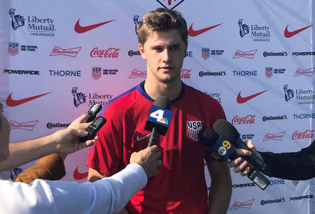 U.S. Men's National Team defender Walker Zimmerman fields questions from the media after the teamÕs first day of winter training camp in Carson, California, U.S., January 11, 2018. REUTERS/Rory Carroll