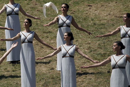 The dress rehearsal for the Olympic flame lighting ceremony for the Rio 2016 Olympic Games takes place at the site of ancient Olympia in Greece. REUTERS/Alkis Konstantinidis