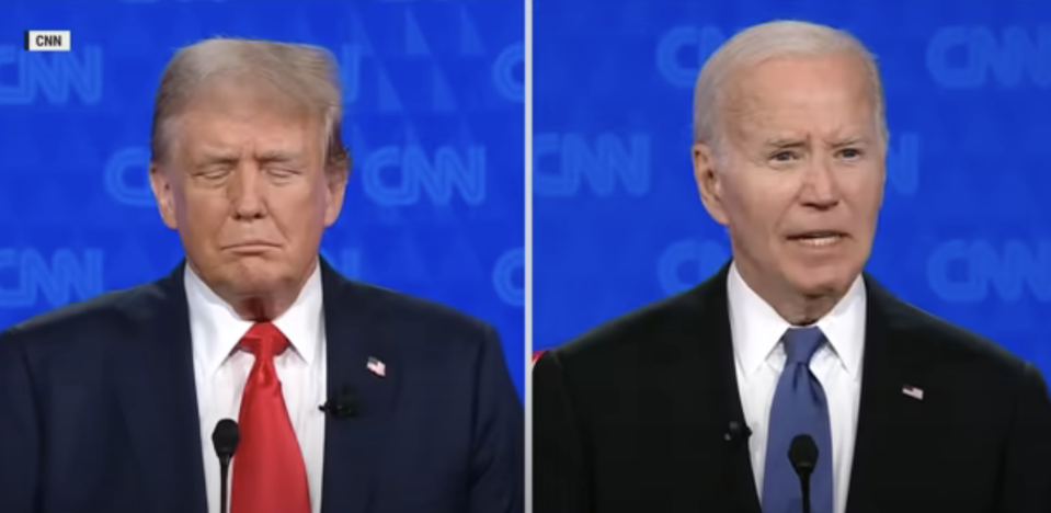 Donald Trump and Joe Biden speaking at a CNN event, each shown in a split screen