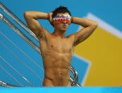 Great Britain's Tom Daley prepares during the Men's Synchronised 10m Platform competition at the Aquatics Centre in the Olympics Park during the third day of the London 2012 Olympics.. Picture date: Monday July 30, 2012. Photo credit should read: Mike Egerton/PA Wire. EDITORIAL USE ONLY