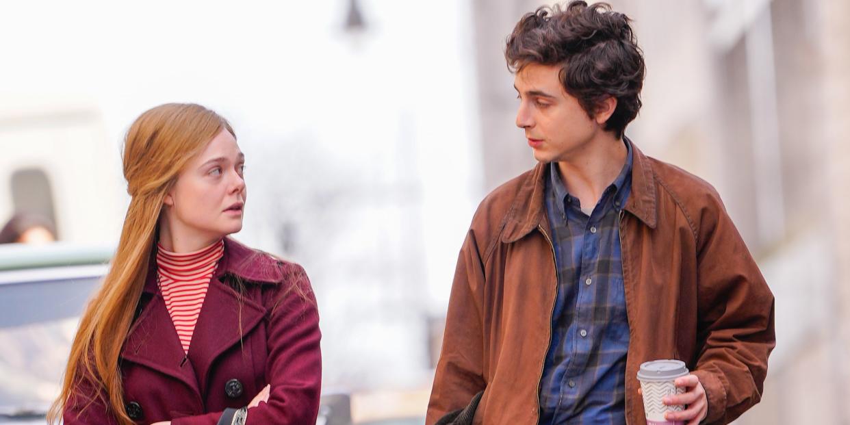 elle fanning and timothee chalamet filming a complete unknown