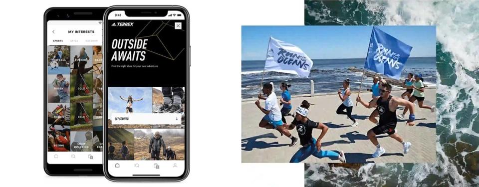 phone with adidas creators club app on screen and people running on beach