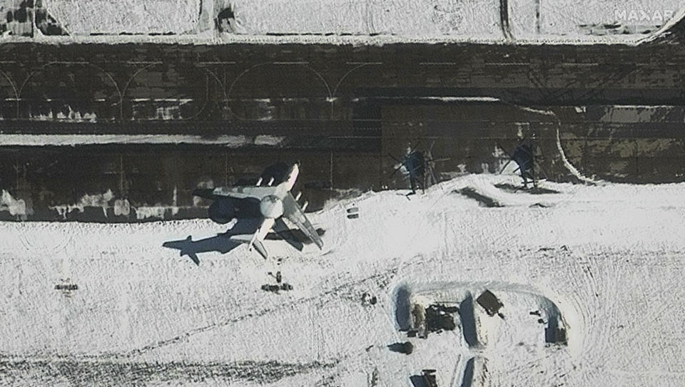 This satellite image from Maxar Technologies shows a Beriev A-50 early warning aircraft, center, at Machulishchy Air Base near Minsk, Belarus, Tuesday Feb. 28, 2023. After Russia invaded Ukraine, guerrillas from Belarus began carrying out acts of sabotage on their country's railways, including blowing up track equipment to paralyse the rails that Russian forces used to get troops and weapons into Ukraine. (Satellite image ©2023 Maxar Technologies via AP)